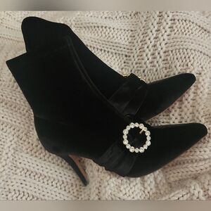 Raye Black Velvet Pointed-Toe Ankle Boots with Crystal Buckle